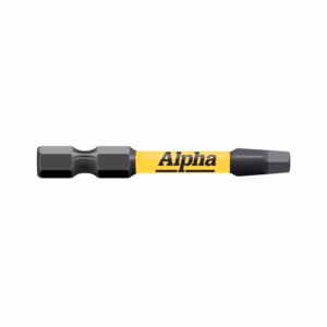 Alpha-brand screwdriver bit with a yellow label in the middle and black hex ends