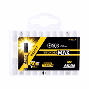 Ten-pack of ThunderMAX SQ3 bits in a clear plastic case, yellow and black packaging with Alpha branding.