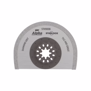 Cross-sectional diagram of a diamond grit tile and grout grinder disc labeled STH90DB and Starlock mount.