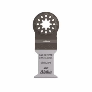 Oscillating tool blade labeled Nail Buster Bi-Metal Blade by Alpha