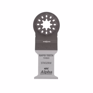 Alpha Rapid Tooth Timber saw blade with starlock hub and serrated bottom edge, shown in gray. It carries the STH32RW model and Alpha branding.