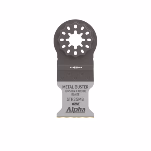 Oscillating tool blade with a starlock hub and tungsten carbide teeth labeled Alpha Metal Buster.