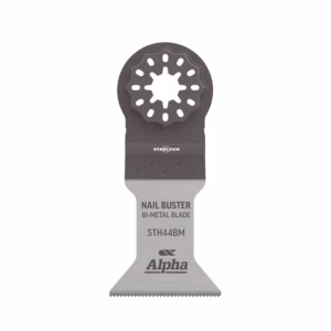 Nail Buster tool blade with circular gear head and gray metal blade labeled Alpha STH44BM