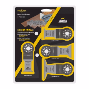 Packaging for Alpha StarLock Multi-Tool Blades, 4-piece set, showing two nail-buster blades and two rapid wood blades on a black/yellow design.