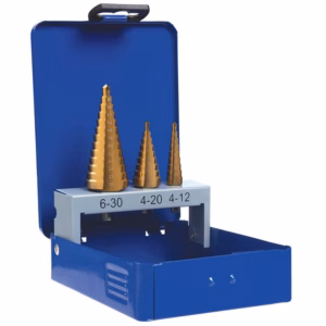 Blue metal case with a stepped drill bit set arranged by size (6-30, 4-20, 4-12) in a gray holder on top of the case's tray.