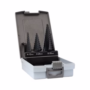 Stepped drill bit set in a gray plastic case with three conical bits labeled 4–12mm, 4–20mm, and 6–30mm.