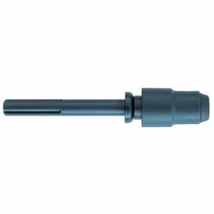 Blue‑gray metal cylindrical tool part with a long slotted shaft on the left and a larger rounded socket on the right.