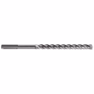 Long twist drill bit made of metal with helical flutes along its length, used for drilling holes in metal or wood