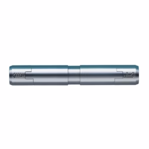 Two-piece metallic cylindrical connector laid horizontally with interlocking ends on each side