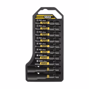 ThunderMax screwdriver bit set in a black plastic case with rows of PH and HEX bits (50mm) and two socket bits at the bottom.