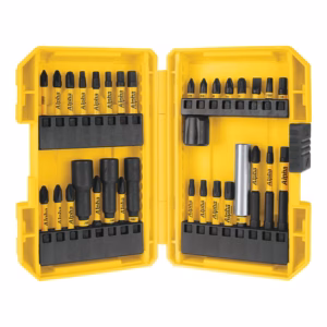 Open yellow plastic tool case displaying two rows of black-and-yellow drill and screwdriver bits labeled Alpha across the racks and holders.