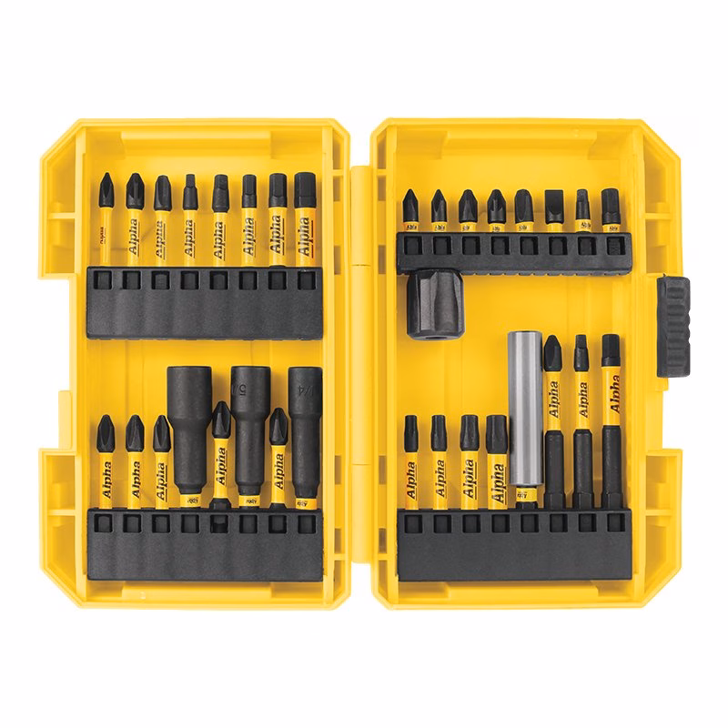TMDSET-33_4 - Alpha Tools Two-sided yellow plastic tool case opened to reveal a complete bit set: rows of black-and-yellow drill/driver bits and sockets neatly organized in black inserts on each side of the case.