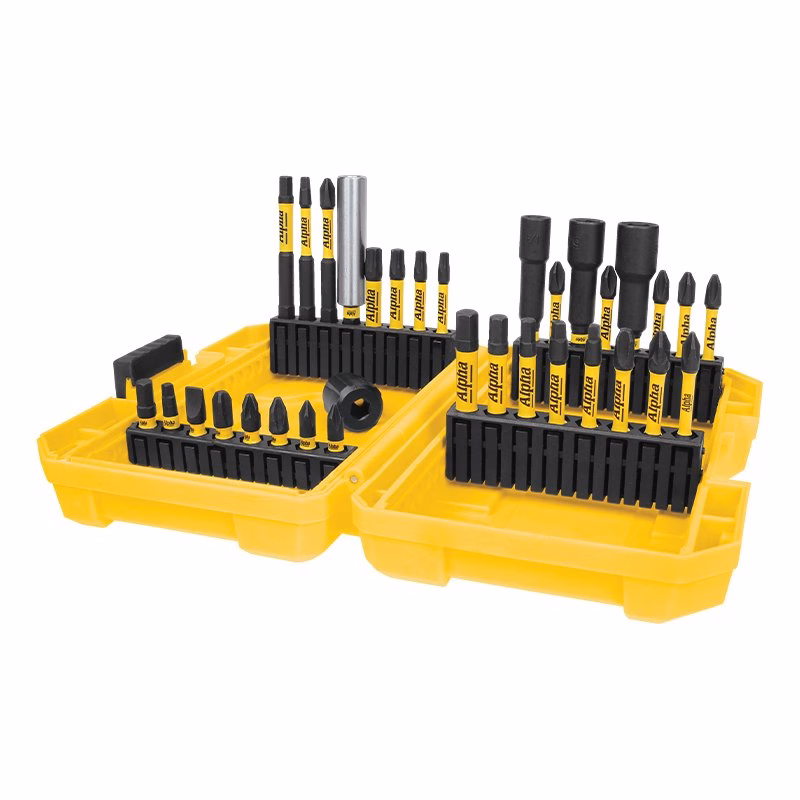 TMDSET-33_5 - Alpha Tools Yellow plastic tool case open with a full set of drill and screwdriver bits arranged in black holders.",