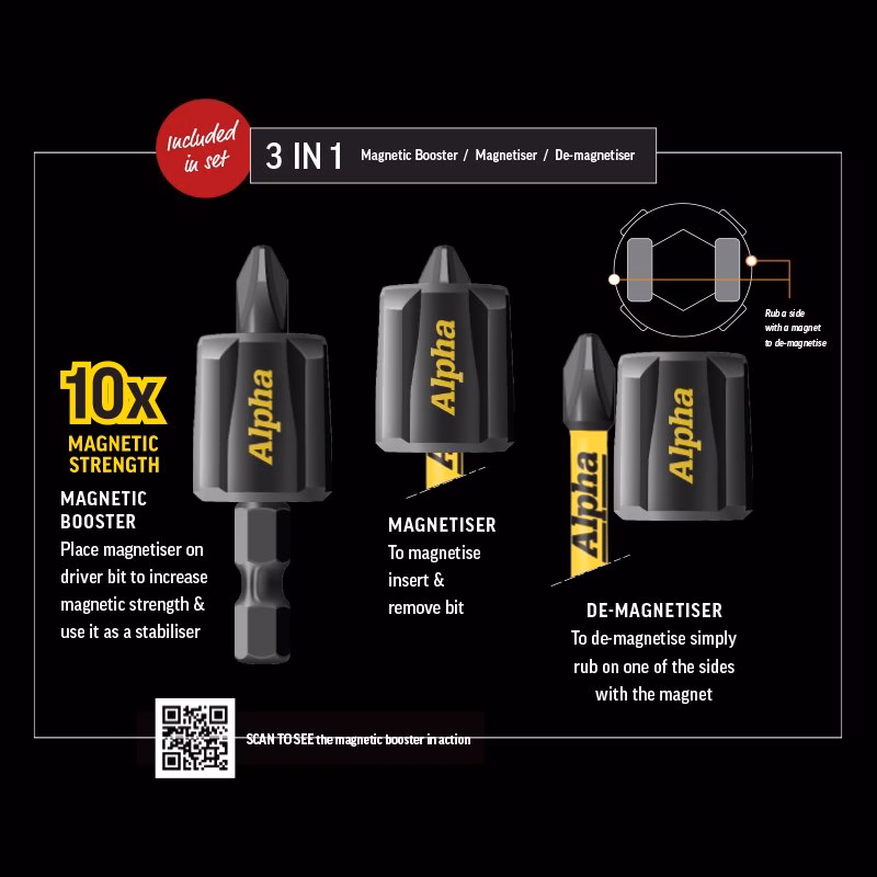 TMDSET-33_6 - Alpha Tools Alpha 3-in-1 magnetic booster set advertised with three tools on a black background and a red 'Included in set' badge; highlights 10x magnetic strength.