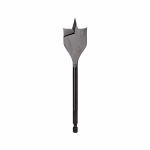 Damaged flat-head screwdriver bit (spade style) with a cracked tip and hex shank on a white background.