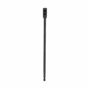 Long black driver bit/shaft with a two-hole head and a small square end for attachment.