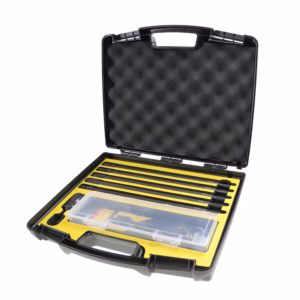 Open hard-shell case showing a yellow foam insert with seven long bits and a clear plastic storage box for bits with foam-lined lid.