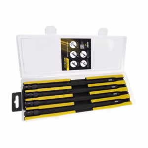Six-piece precision screwdriver set with yellow-and-black handles in a clear case, used for electronics repair.