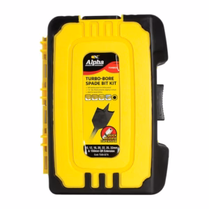 Yellow Turbo-Bore Spade Bit Kit in a rugged case, labeled Alpha Timber on the front label (drill bits for wood).