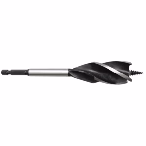 Twist drill bit with hex shank and spiral flutes on a white background.