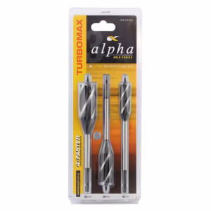 Alpha Gold Series Turbomax drill bit set in blister pack showing three hex-drive auger bits (25mm, 20mm, 16mm).