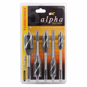Alpha Gold Series 5-piece hex drive auger bit set with 16–32 mm bits in blister pack for Turbomax tools