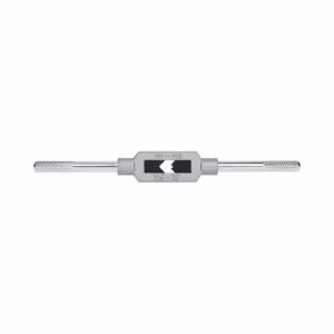 Double-ended precision tool with knurled handles and a gray central adjustable block, used for fine mechanical adjustments.