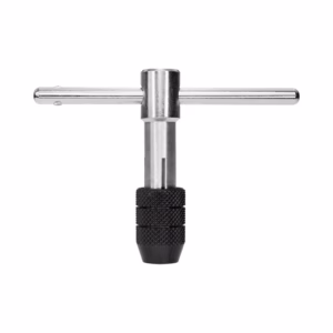 T-handle tap wrench with knurled grip used to hold taps for threading bolts and pipes