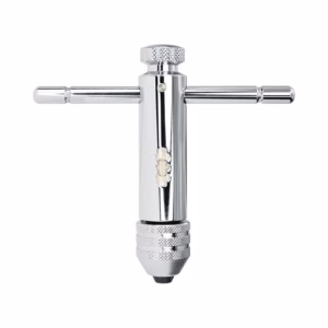 Chrome T-handle valve core remover tool with knurled grip and bottom chuck used for automotive valve maintenance