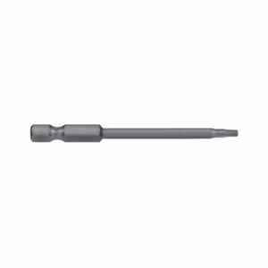 Long metal screwdriver bit with a hex shank and a fine, multi-fluted tip for driving screws.