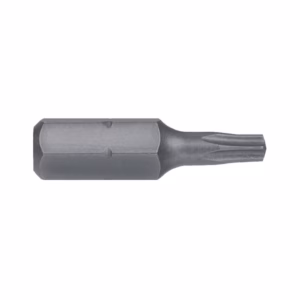 Double-ended screwdriver bit with two different tips on a metal shaft.