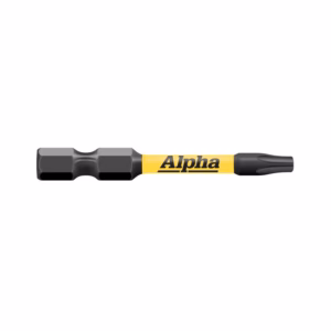 Screwdriver with four interchangeable bits and a yellow Alpha branding label on the handle