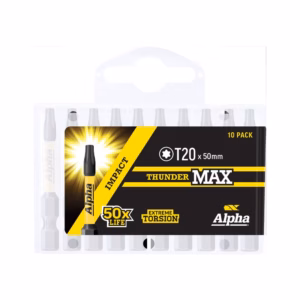 Packaging of Alpha Thunder Max T20 markers, 10-pack, black and yellow label with '50x life' and 'extreme torsion' text