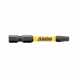 Alpha branded multi-bit screwdriver with interchangeable bits and yellow label along a dark handle.