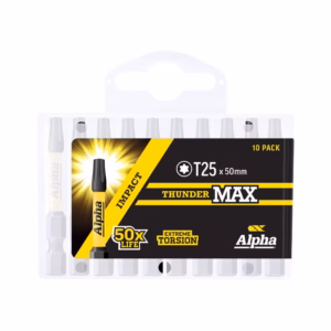Ten-pack box of Alpha Thunder Max markers in a clear plastic case, with bold yellow and black packaging labeled T25 x 50mm and Extreme Torsion.