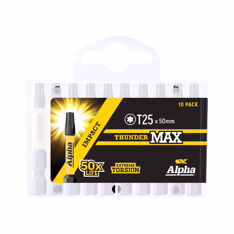 TX2550SMH - Alpha Tools Ten-pack box of Alpha Thunder Max markers in a clear plastic case, with bold yellow and black packaging labeled T25 x 50mm and Extreme Torsion.