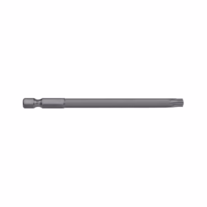 Long drill bit with hex shank laid horizontally, showing a fluted cutting tip at the right end