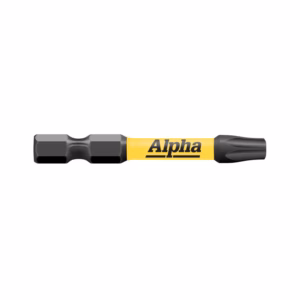 Alpha-brand yellow-handled screwdriver with interchangeable bits laid horizontally.