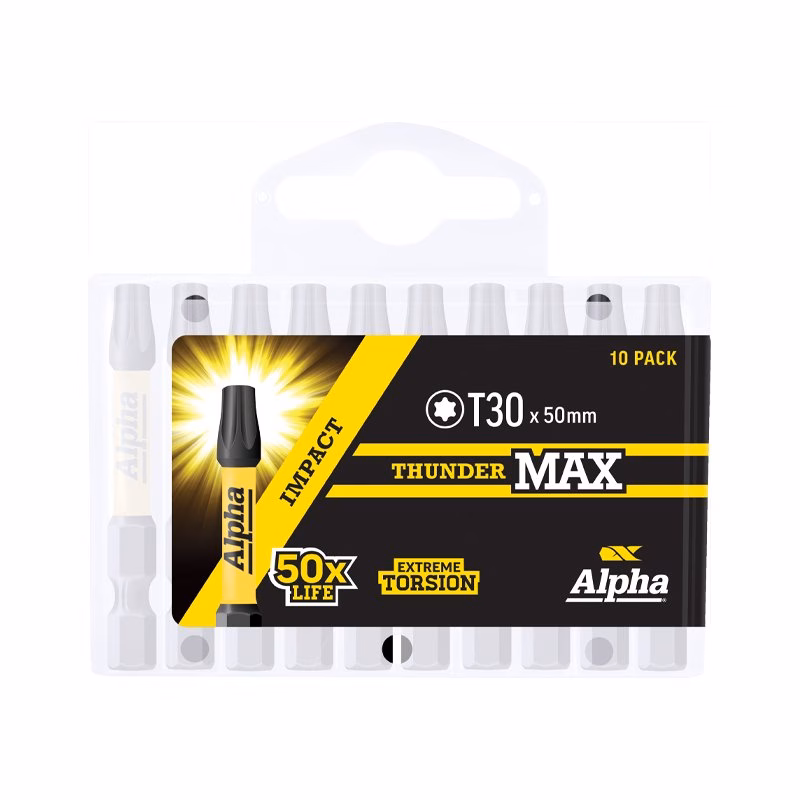 TX3050SMH - Alpha Tools Ten-pack of Alpha Thunder Max T30 markers in yellow and black packaging, 50 mm tips.