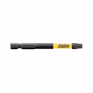 Long precision screwdriver with interchangeable bits, Alpha brand, shown horizontally on white background.
