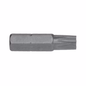 Metal screwdriver bit with a hexagonal midsection and a Torx-style tip on the right end.