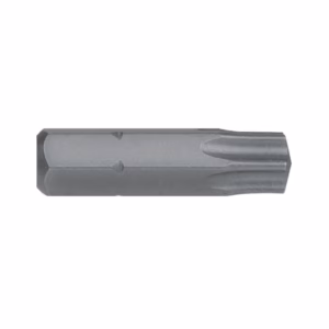 Metal drill bit with two helical flutes lying horizontally on a white background