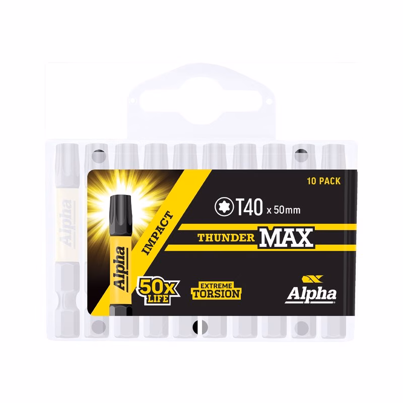 TX4050SMH - Alpha Tools Ten-pack of Alpha Thunder Max screwdriver bits (T40 x 50 mm) in a yellow-and-black packaging case labeled 50x Life and Extreme Torsion.