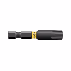 Screwdriver bit with hex shank and black holder, labeled Alpha on a yellow band.
