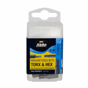 Alpha magnetised bits set in a clear plastic case, containing Torx and hex bits (5 pieces).y4
