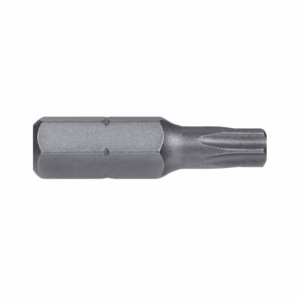 Metal interchangeable screwdriver bit with two different tips, shown in a side view.