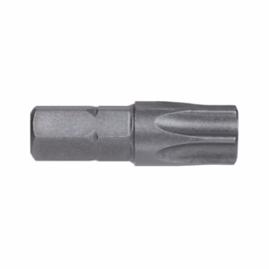 Close-up of a metal screwdriver bit with a star-shaped Torx tip and hex shank, used in power drills.