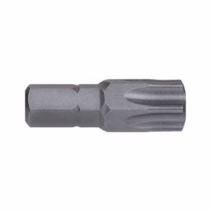 Metal screwdriver bit with a star-shaped Torx tip and hex shank in profile