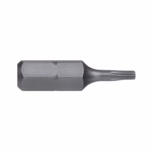 Metal screwdriver bit with a hex shank and a multi-faced driving tip on the left, designed for use in a bit holder or drill.