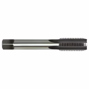 Cylindrical metal cutting tool with a plain shank on the left and a serrated thread mill head on the right used for CNC threading.
